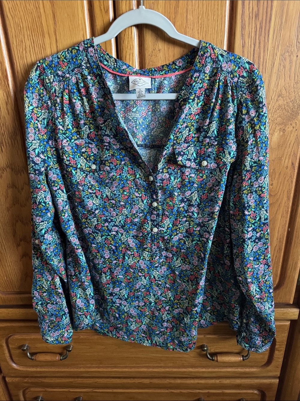 St. John's Bay Navy Multicolor Floral Henley Blouse